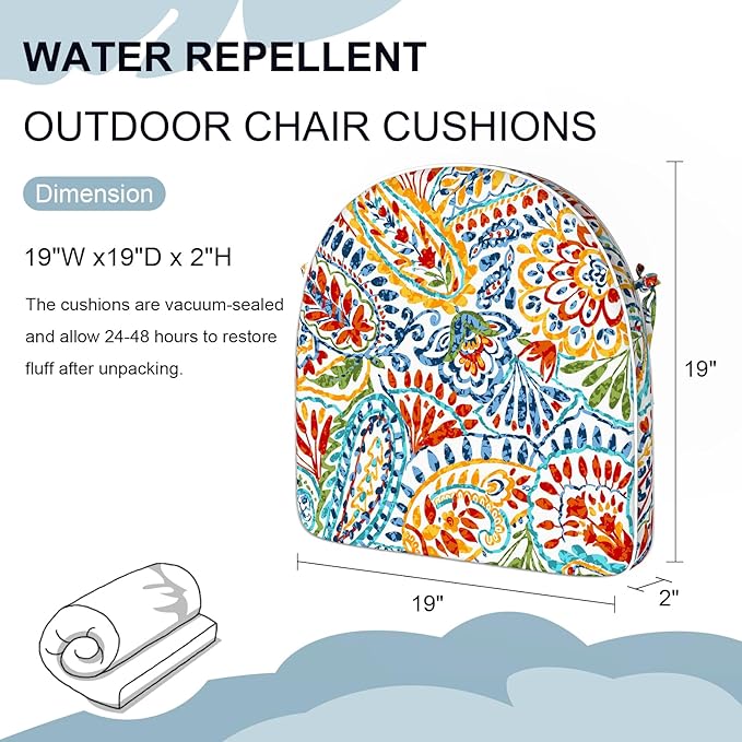 Set of 2 Outdoor Chair Cushions 19"x19"x2",Water Repellent Patio Seat Cushion with Ties and Removable Covers,Dining Chair Cushions for Indoor Kitchen Yard and Patio Furniture,Paisley Multi