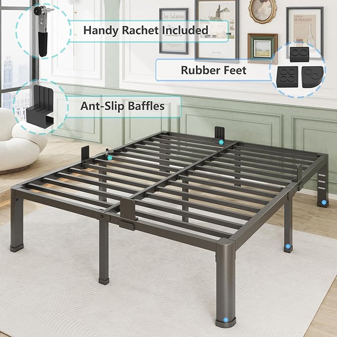 16 Inch Full Bed Frame with Rounded Corner and Headboard Hole Mattress Retainers 3500 lbs Heavy Duty Support Metal Platform Bed Frame Noise Free No Box Spring Needed Easy Assembly