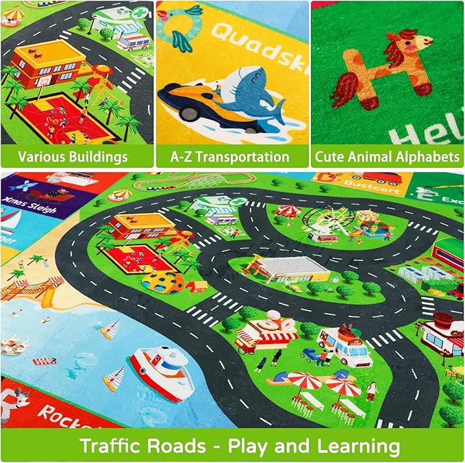 Kids Rugs Traffic Road Carpet Play Rug 118"×78.7" for Playroom Transportation ABC Educational Mat Alphabet Area Rug, Kid Playtime Collection Toddler Car Track Rug Cute Cartoon Animal Letters