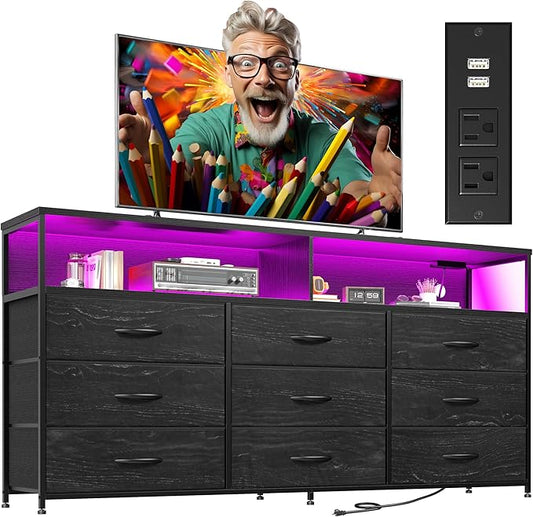 55” W Black Dresser for Bedroom with Charging Station & LED, 65" TV Stand for Bedroom with 9 Fabric Drawers, Sturdy Chest of Drawers with Open Storage Shelves for Closet, 55.12" Wx11.81 Dx35.43 H