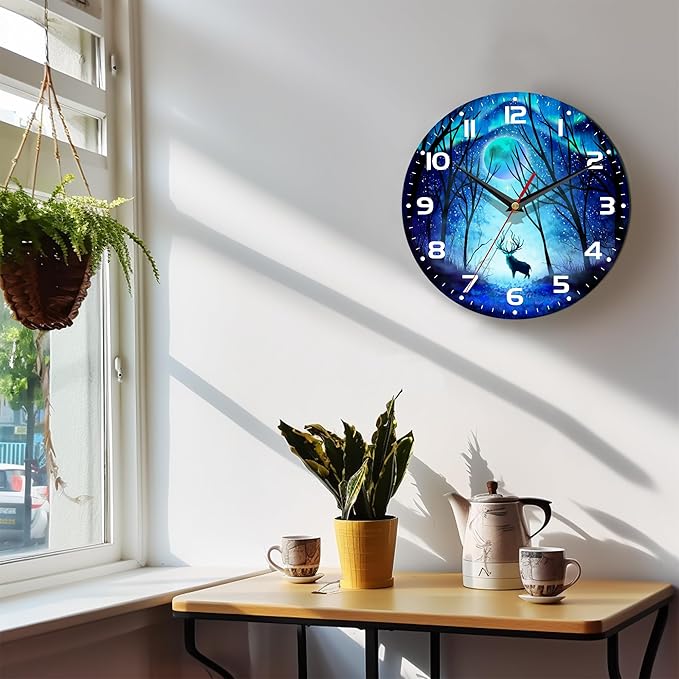 Wall Clock, 10 Inch Silent Non-Ticking Home Kitchen Decor, Battery Operated for Bathroom Bedroom Living Room Office(Forest Deer Moon)