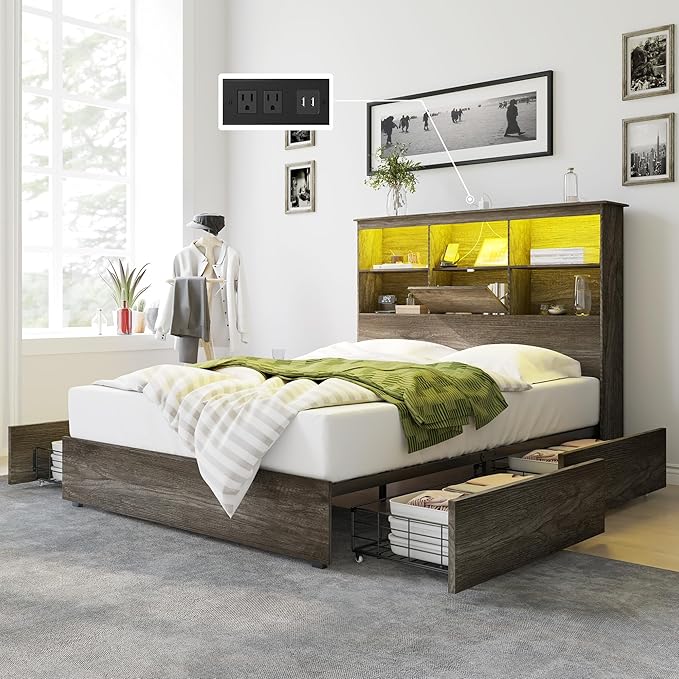 AMERLIFE Queen Size Bed Frame Wooden Platform Bed with 51.2" LED Storage Bookcase Headboard, 4 Storage Drawers & Charging Station/No Box Spring Needed/Noise Free/Rustic Grey