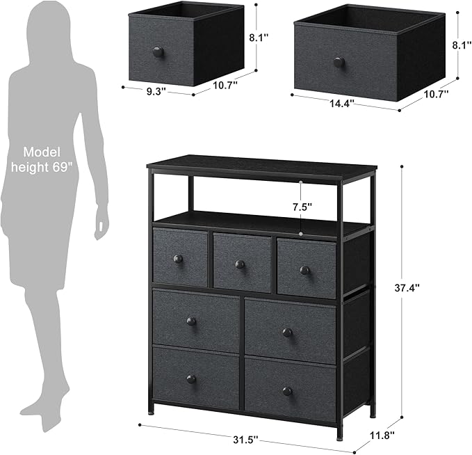 EnHomee Tv Stand for Bedroom with 7 Fabric Dressers and 2 Shelves，Dressers & Chests of Drawers for Closet，Hallway，Entryway，Dormitory，Clothes Storage，Grey