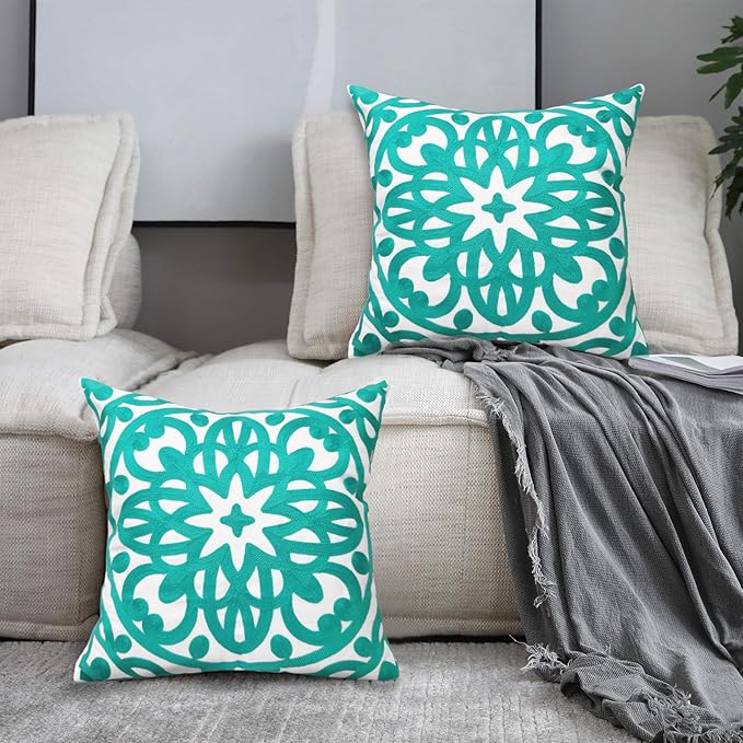 Alysheer Embroidered Decorative Throw Pillow Cover 18" x 18", Classic Modern Stylish Mandala Turquoise Embroidery Patterned Cotton Aqua Green Cushion Case for Sofa Couch Bed Living Room Decor
