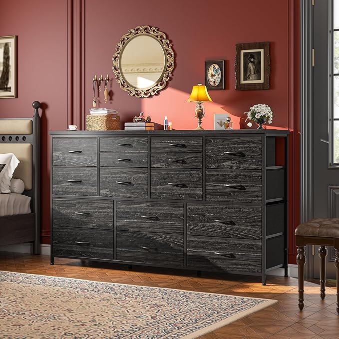 Dresser for Bedroom with 16 Fabric Drawers Long Dresser with Charging Station TV Stand for 60" TV Dressers & Chest of Drawers for Bedroom, Living Room, Closet, Black