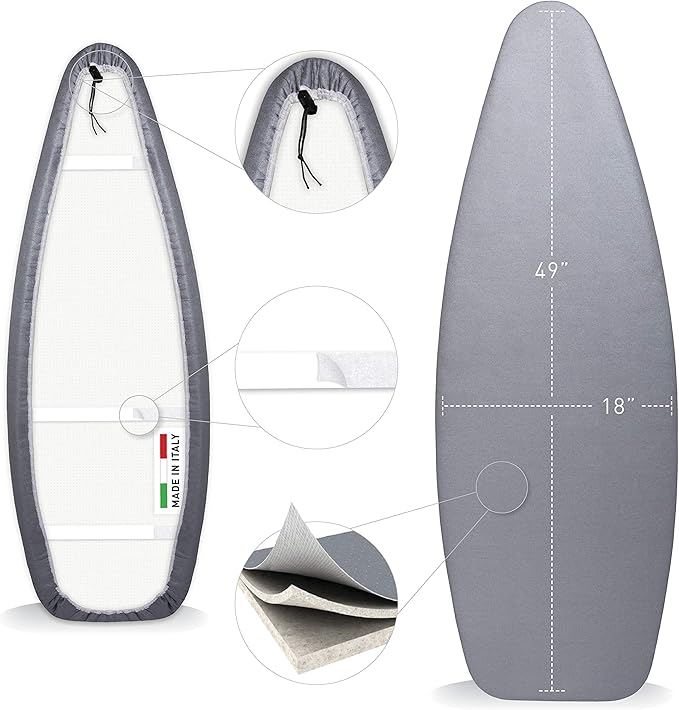 TIVIT Ironing Board Covers 18 x 49 Durable Alumitek PRO Heat Reflective Silicone Pads are Scorch & Stain Resistant - Made w/3 Layers of Padding, 3 Fastener Straps & Pull Bungee Cord - Made in Italy