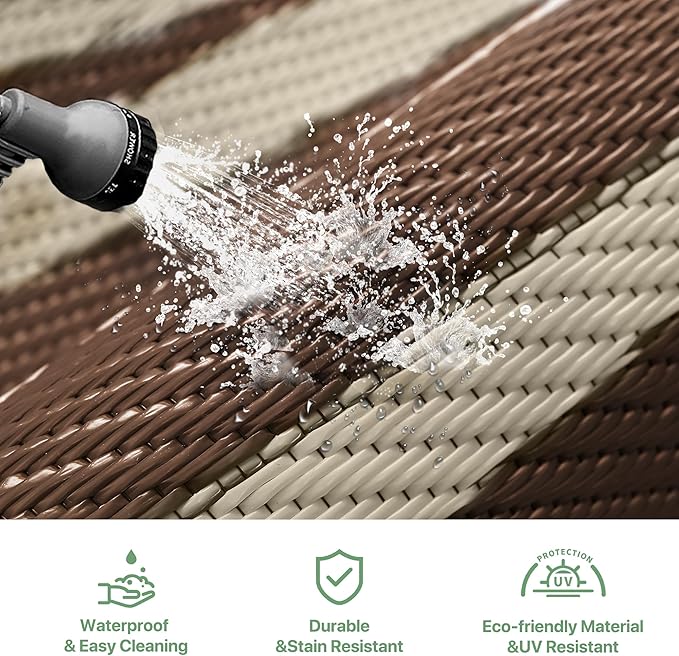 GENIMO Outdoor Rug Waterproof for Patio, 9'x12' Foldable Reversible Plastic Straw Carpet for Travel Trailers, Outside Area Mat for Rv, Deck, Picnic, Porch, Camper, Balcony, Beach, Coffee & Beige