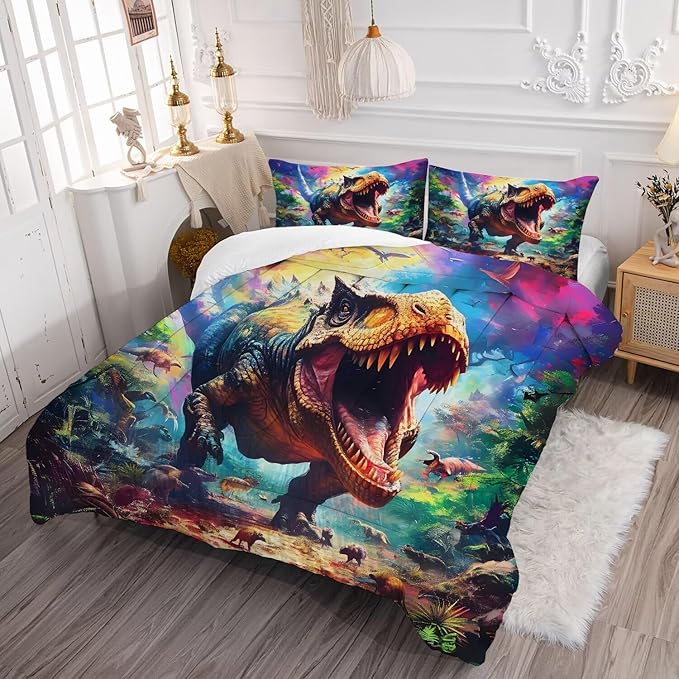 Kids Dinosaur Comforter Set Full Size for Boys Tie Dye Dino Quilt Set Soft Microfiber Dino Bed Set for All Season Use Dinosaur Bedding Set with 1 Comforter + 2 Pillowcases