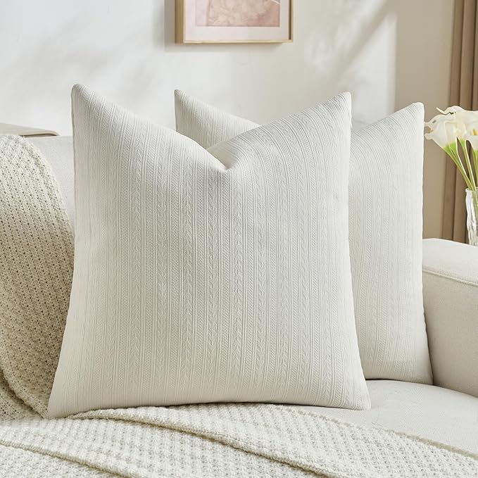 FUTEI Cream White Decorative Throw Pillow Covers 18x18 Inch Set of 2,Soft Cozy Wheat Ear Striped Patterns Cushion Cases,Modern Home Decor for Couch Bed Living Room