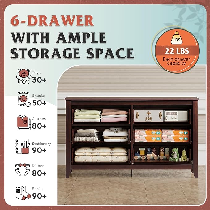WLIVE Wood Dresser for Bedroom, Double 6 Drawer Dresser with Metal Handle, Large Wooden Chest of Drawers for Living Room, Hallway, Closet, Rustic Brown