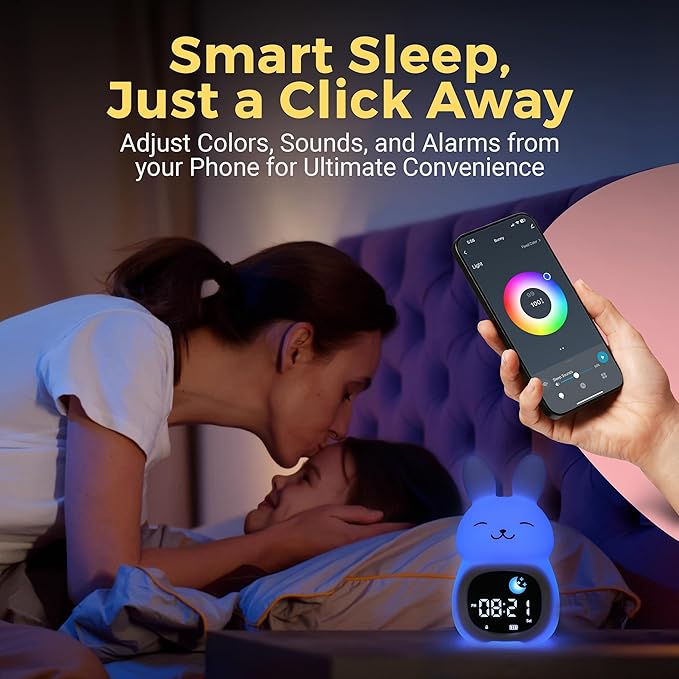 Bumble & Bright Go & Glow Bunny App Control Kids Alarm Clock – Digital Sleep Trainer with USB-C Corded, 8 Night Light Colors, 6 Soothing Sounds, 12/24H Routine Trainer, Gift for Boys & Girls