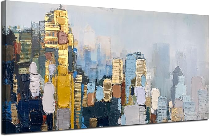 Arjun Abstract Wall Art 3D Textured Skyline Canvas Painting Gold Grey Colorful Modern Cityscape Metropolitan Picture Artwork Framed Extra Large for Living Room Bedroom Home Office Wall Decor, 58"x29"