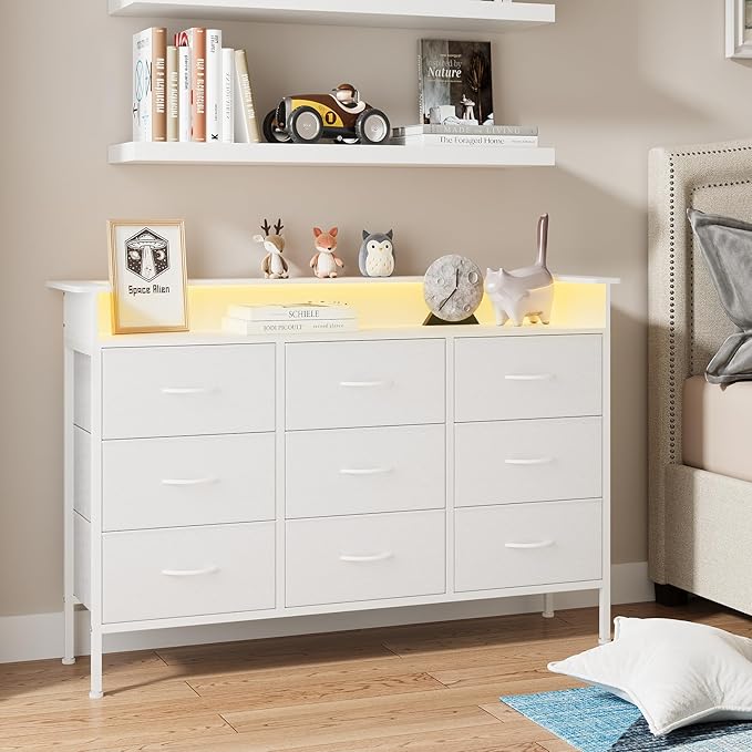 ELYKEN White Dresser with LED Light for Bedroom, Dresser with 9 Drawers and Charging Station, Fabric Chest of Drawers with PU Finish Storage Drawers for Entryway Closet Living Room Hallway Guest Room