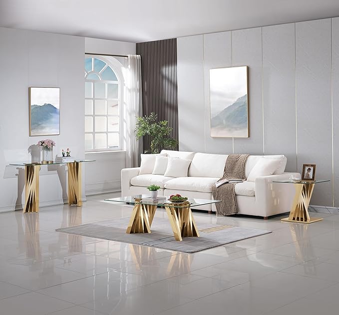 Goujxcy Modern Glass Coffee Table 51" Gold Center Table with Tempered Glass Top and Mirror Finish Stainless Steel Legs, Luxury Rectangular Coffee Table for Living Room Apartment (Gold)