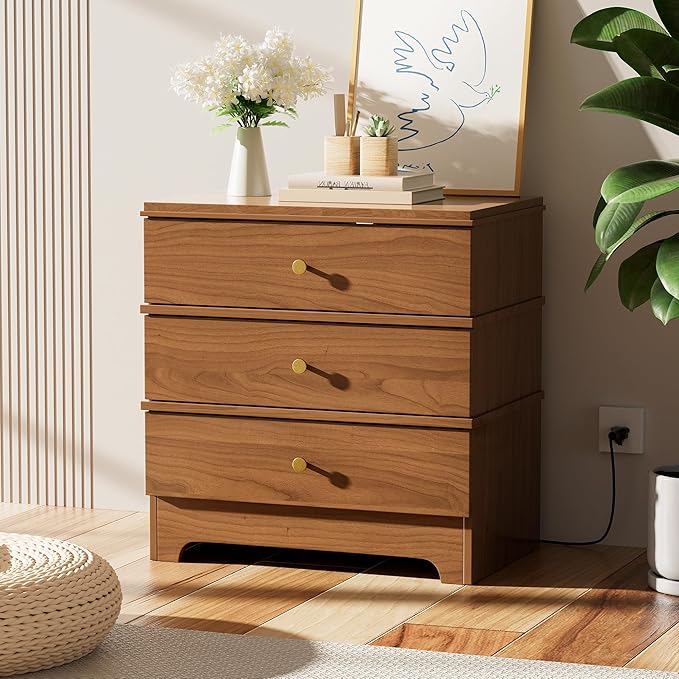 3 Drawer Nightstand with Charging Station,24" Farmhouse Night Stand & Modern Bedside Table, Wood End Table Storage Cabinet for Bedroom,Hallway,Entryway,Brown Set of 2