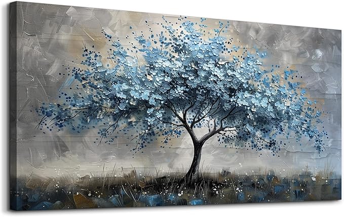 MHARTK66 Farmhouse Wall Art For Living Room Canvas Wall Decor For Bedroom Blue Tree Landscape Wall Pictures Artwork Large Stretched and Framed Canvas Paintings Ready to Hang for Office Home Decor