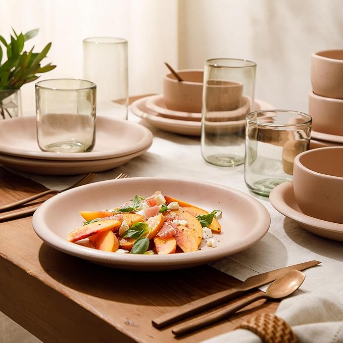 Bloomhouse Corsica Clay 12 Piece Stoneware Rustic Reactive Glaze Dinnerware Set - Stackable Plates and Bowls Set. Service for 4 - Matte Prosecco Blush Pink
