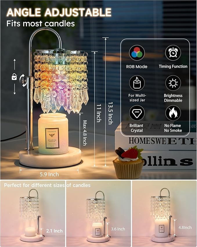 Candle Lamp Warmer with RGB Mode for Adjustable Height, Candle Warmer Lamp with Marble Base for Adjustable Height, Crystal Candle Warmer Lamp for Jar Candles, House Warming Decor Gifts, Silver