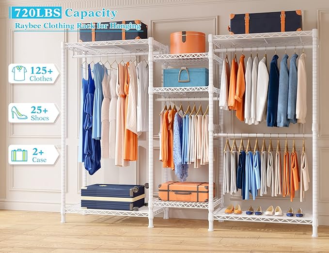 Raybee Clothes Rack Heavy Duty Clothing Racks for Hanging Clothes Adjustable Hanging Clothes Rack Garment Rack, White, 13.9" D x 70.6" W x 77" H