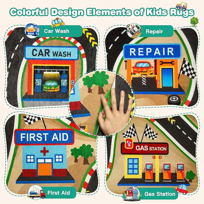 Kids Rug, Race Track Baby Play Mats, 3x5 Ft Kids Rug for Playroom,Extra Thick (0.4in) Realistic 3D Cascading Surround Route, Great for Playing with Cars and Toys, Non-Slip Car Carpet
