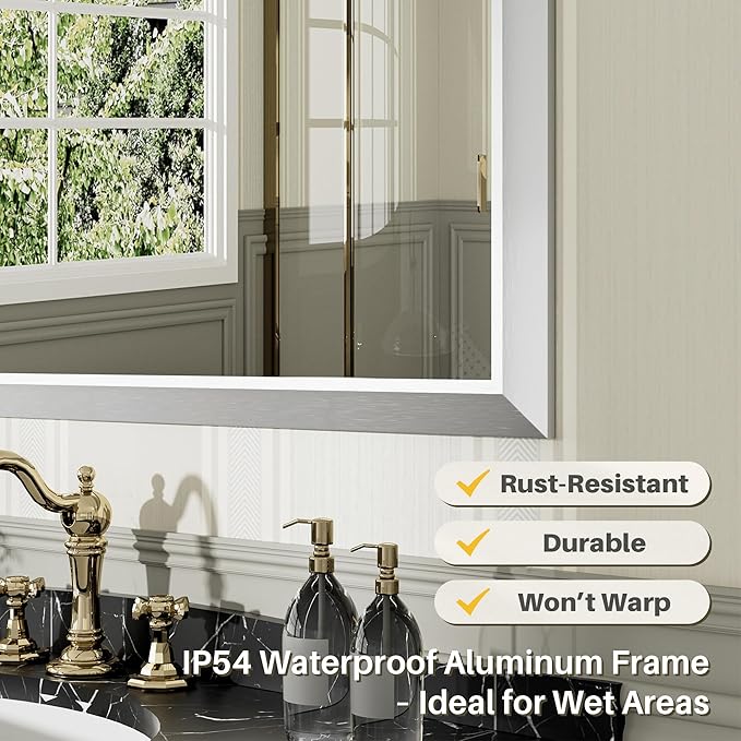48x32 Inch Silver Bathroom Mirror for Wall, Thick Metal Framed Rectangle Mirrors for Over Sink, Bedroom, Living Room, Entryway, Anti-Rust, HD Tempered Glass