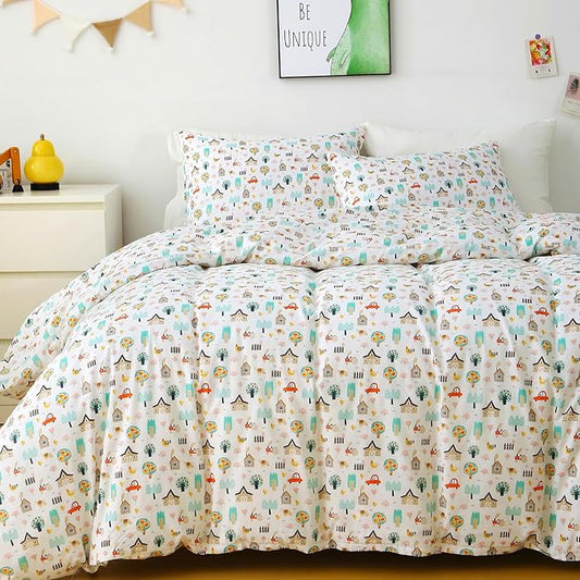 Ivellow Twin Duvet Cover for Kids Cartoon 100% Cotton Kids' Duvet Cover Sets Cottage Farm House Car Patterned Duvet Cover Ultra Soft Breathable Cute Toddler Bedding Set Zipper Closure Boys Girls Teens