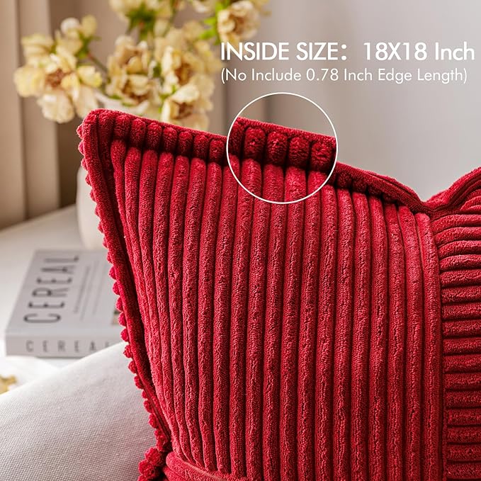 MIULEE Christmas Decorative Throw Pillow Covers for Couch Bed Livingroom 18x18 Inch Set of 2 Red Boho Accent Throw Pllows Broadside Striped Patchwork Soft Corduroy Pillowcases