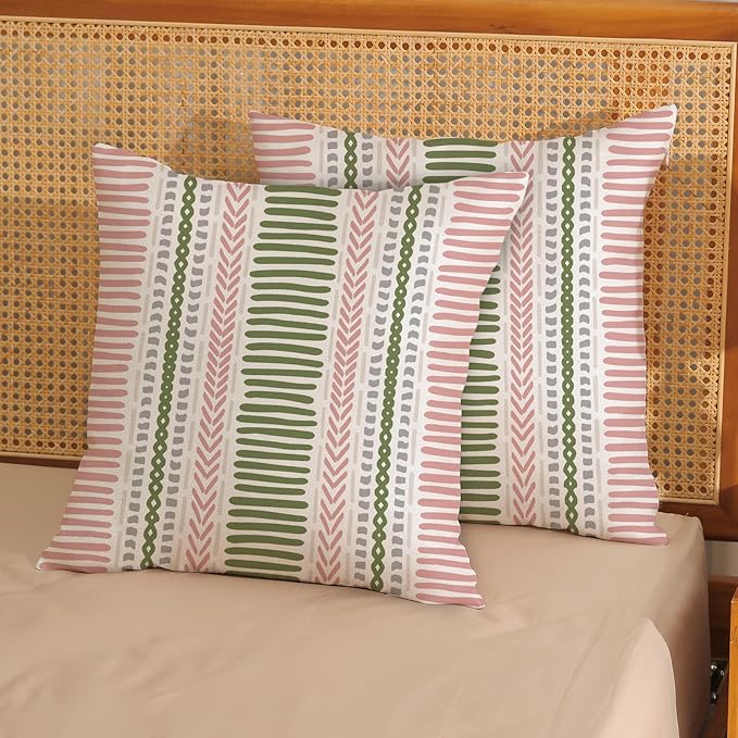 Boho Pillow Covers 18x18 Set of Pink Sage Green Stripes Throw Pillow Covers Outdoor Decoration,Bohemian Abstract Modern Decor Pillowcase Farmhouse Linen Decorative Cushion Cover for Home Couch