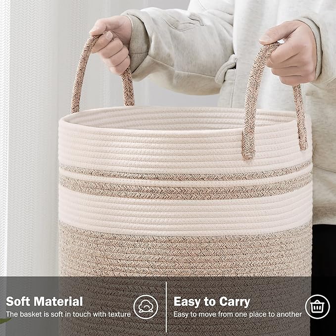 Woven Rope Laundry Hamper Basket, 100L Tall Laundry Basket, Baby Nursery Hamper for Blanket Storage, Clothes Hamper for Laundry in Bedroom-Extra Large-Brown