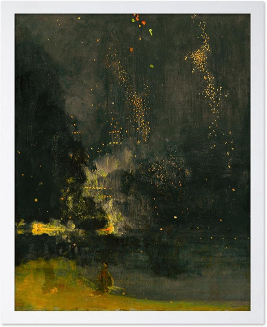 Poster Master Vintage Nocturne in Black and Gold Painting Poster - Retro The Falling Rocket Print - Abstract Art - Moody Art - Landscape Art - Office or Living Room Decor, 11x14 White Framed