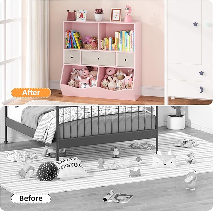 GAOMON 3-Tier Kids Bookshelf & Toy Storage Organizer - Wooden Bookcase with 6 Drawers, 8 Cubby Shelves, Anti-Tip Safety Design - Nursery, Playroom, Children's Room -2 Set Pink