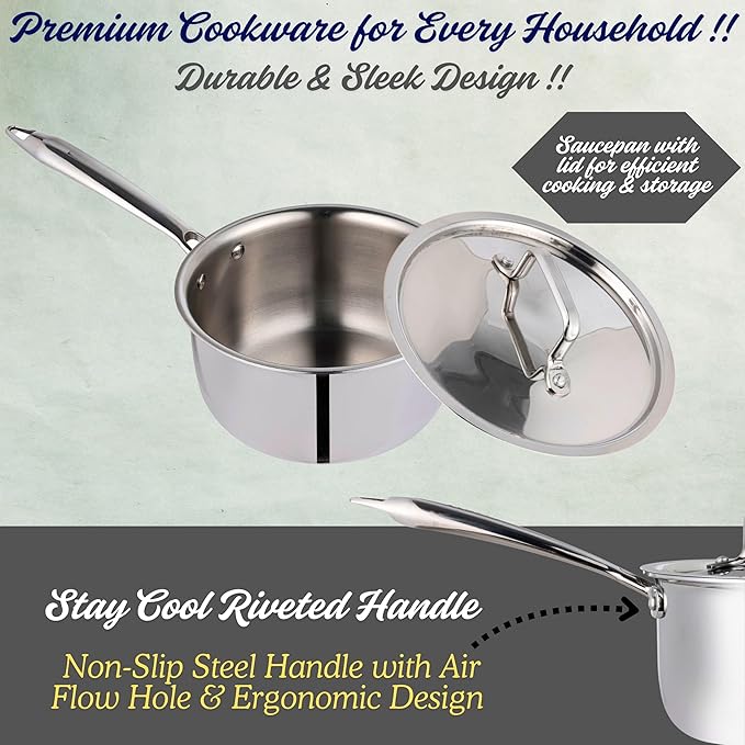 Stainless Steel Saucepan with Lid, 2.5 Quarts Saucier, Induction Cooking Sauce Pot Pans, Heavy Duty Tri-Ply Cookware, All Cooktops Compatible, Oven & Dishwasher Safe