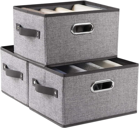 PRANDOM Fodable Storage Bins for Closet [3-Pack] Decorative Fabric Storage Baskets Cubes with Leather/Metal Handles for Shelves Bedroom Living Room Grey (11.5x8.5x6.7 Inch)