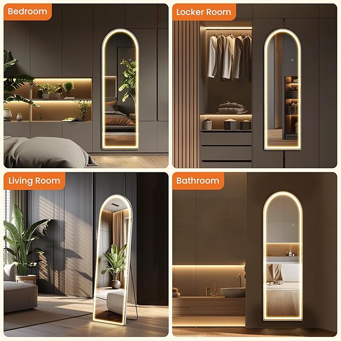 OLIXIS 16"×60" Arched Full Length Mirror with Light, LED Floor Full Body Mirror with 3 Color Lighting