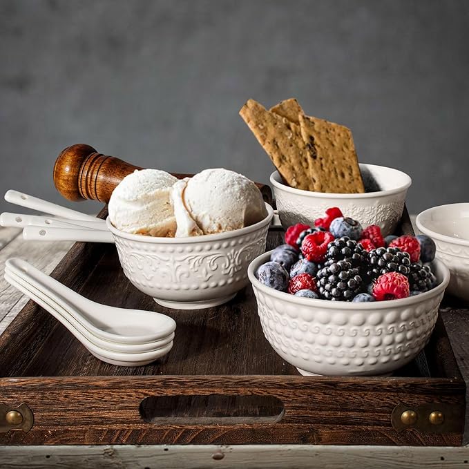 Small Ceramic Bowls - 14 Oz Ice Cream Bowls Set of 4, White Embossment Dessert Bowl for Kitchen, Soup, Side Dishes, Oatmeal, Rice, 4.75 Inch Microwave Oven Safe(Multiple Patterns)