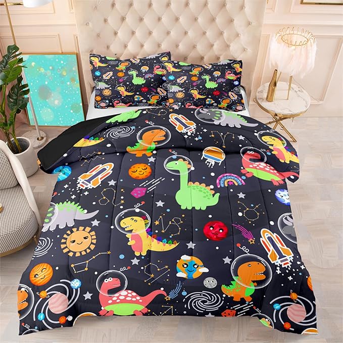 Dinosaur Bedding Set for Boys - 2Pcs Lovely Black Dinosaur Bedding Set for Bedroom Twin Size Cute Animal Patterns Kids Room Decor, 1 Quilt 1PillowCase