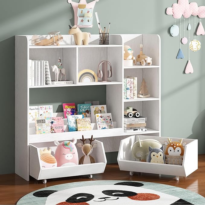 Bookshelf and Toy Storage Organizer, Toy Storage Cabinet for Boys and Girls, Muti-Functional Kids Display Bookcase and Storage Bin with Moveable Drawers, Children Toddler Kids Room