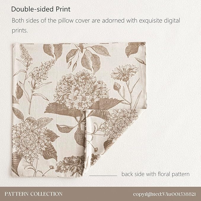 Foindtower Set of 2 Linen Floral Vintage Throw Pillow Covers Neutral Accent Decorative Cushion Covers Farmhouse Boho Home Decor for Sofa Chair Couch Bedroom Living Room Outdoor,18×18 Inch,Light Brown