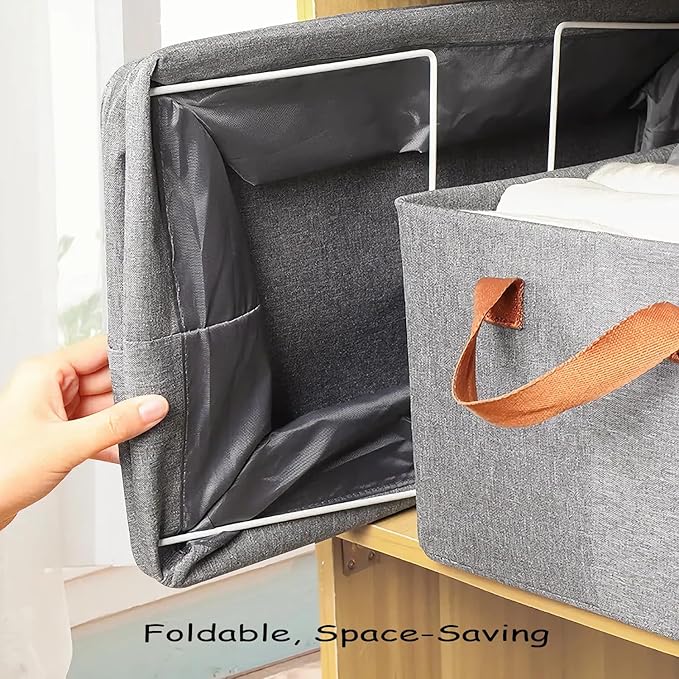 AARAINBOW 4 Pcs Closet Clothes Organizer with Handle, Closet Shelf Fabric Storage Box Steel Frame, Stackable Shelf Storage Baskets Foldable Wardrobe Storage Box for Clothes Toys, 23L (2 Gray 2 Beige)