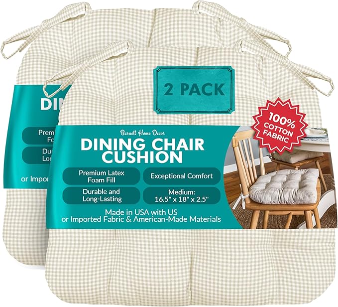 Barnett Home Decor Dining Chair Cushions with Ties – Size Medium 16.5 x 18 - Latex Foam Fill, 100% Cotton, Machine Washable Chair Pads for Kitchen Chairs, Made in USA (Madrid Natural/Pack of 2)