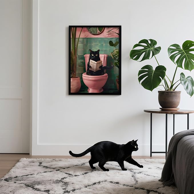 Framed Vintage Cat Canvas Wall Art, Funny Pink Animal Reading Books Painting Picture Print, Cute Kitten Lovers Aesthetic Wall Decor for Nursery Girls Room Bedroom Kids Room 24''L x 16''W