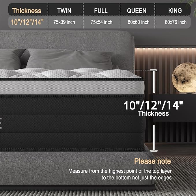Full Size Mattress, 14 Inch Hybrid Mattress in a Box with Individual Pocket Spring, Gel Memory Foam and Euro Top, Medium Firm Feel with Motion Isolation, Pressure Relief, Edge Support, Black