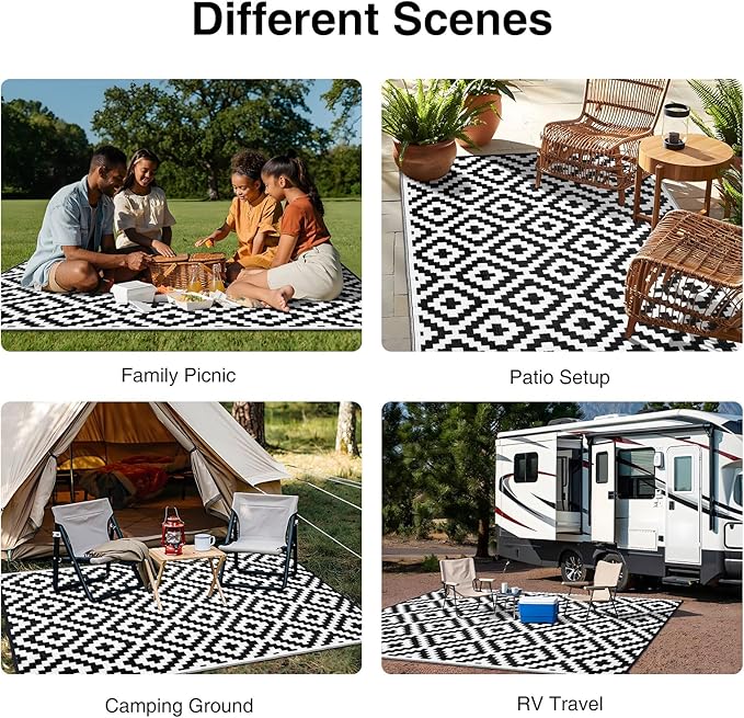 OLANLY Waterproof Outdoor Rug 9x18 ft, Outdoor Plastic Straw Rug for Camping, RV Mat Outside, Indoor Outdoor Carpet for Porch, Deck, Backyard, Balcony, Picnic, Black & White