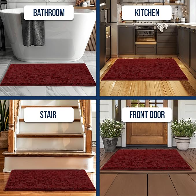 Muddy Mat Chenille Bathroom Rugs Quick Dry Microfiber Mats Non Slip Washable, Extra Thick, Soft and Highly Absorbent Bath Mats for Bathroom, Kitchen, and Shower Floor - Red Runner 59"X24"