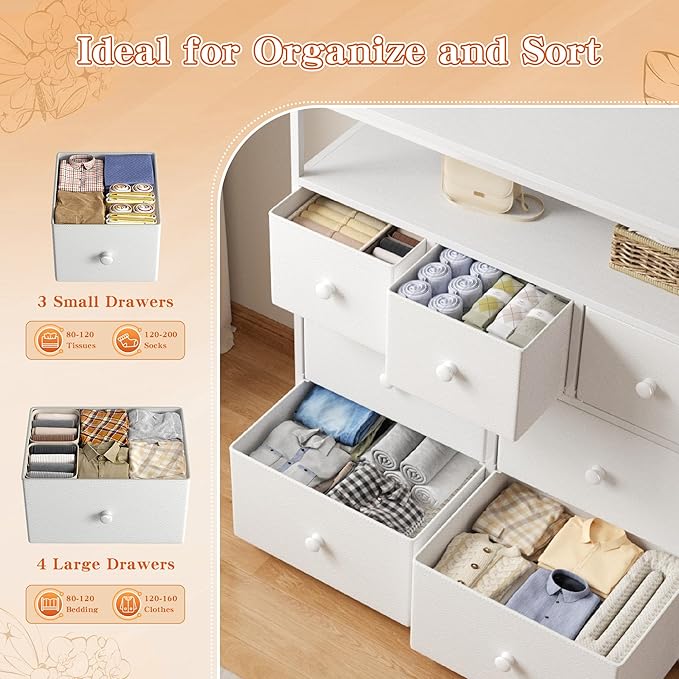EnHomee Dresser for Bedroom with 7 Drawers and 2 Shelves,Tv Stand for Bedroom White Fabric Dresser for Closet,Hallway,Entryway,Dormitory