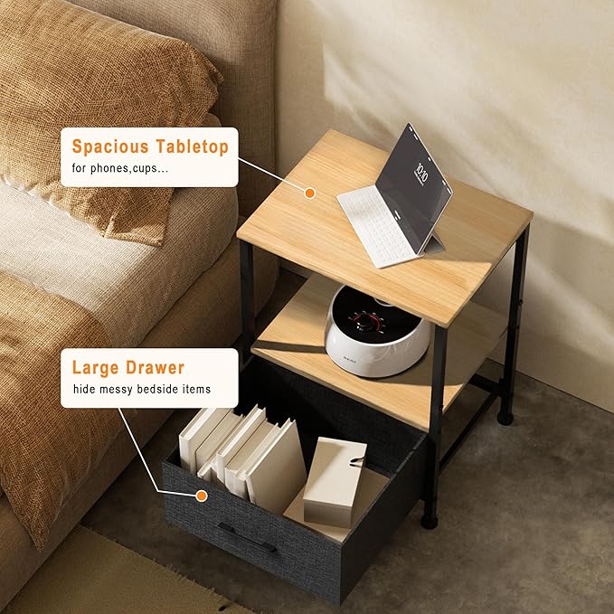 Side Table with Fabric Drawers,2-Tier Nightstand,End Table with Open Shelf for Bedroom, Living Room, Kitchen, Entryway, Natural