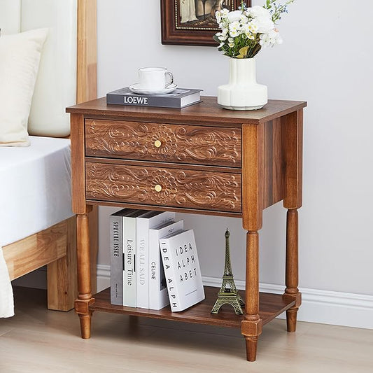 Nightstand, Farmhouse Bedside Table with 2 Drawers and Open Shelf, Wood Sofa Side Table End Table Accent Dresser for Bedroom, Living Room (with Shelf, Walnut)