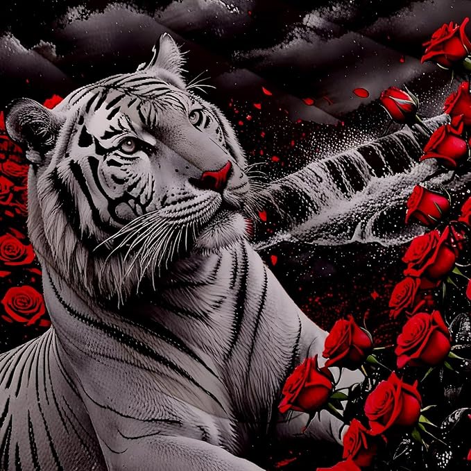 Kids Tiger Comforter Set Full Size, White Tiger Wild Animal 3 Pcs Bedding for Kids and Adults Beautiful 3D Red Rose Flower and Tiger Print Soft Comforter Set for Bedroom Bed Decor