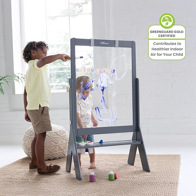 Little Partners Peek-A-Boo Art Toddler Easel, Children's Two-Sided Adjustable Height Clear Acrylic Paint Station for Kids with Built-in Storage, Eraser, Paint Containers (Earl Grey)