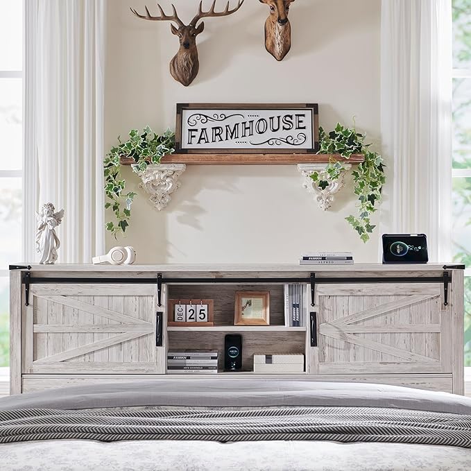T4TREAM Farmhouse King Size Bed Frame w/Storage Bookcase Headboard, Sliding Barn Door, Charging Station, Rustic Wood Platform Bed w/Wood Slats Support, No Box Spring Needed, Antique Brush White